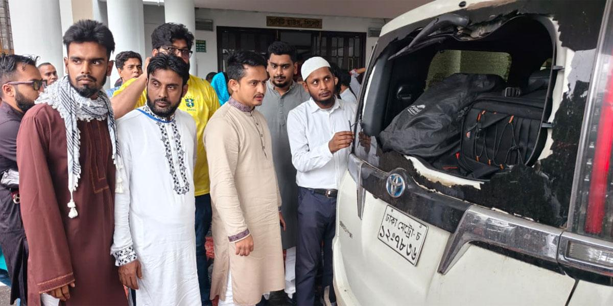 A damaged vehicle belonging to NCP leader Sarjis Alam’s convoy after an alleged attack in Golapganj, Sylhet, on Thursday. Photo//V7N